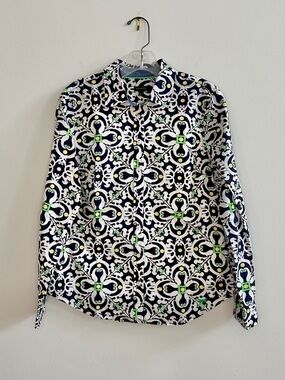 Talbots Cotton Navy, White & Lime Green Print Button-Up Shirt